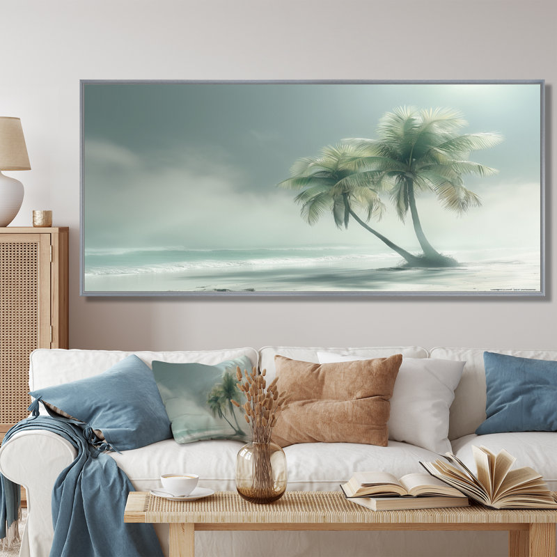 Gris, vert, palmiers, oasis tropicale - palmiers et palmiers, art mural du salon, Encadrement argenté, H 28 po x l 60 po