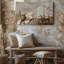 Toile, scène intérieure sereine avec art mural orné d'un mur beige clair avec des motifs abstraits de lignes fluides dans une toile légèrement plus légère-161735134