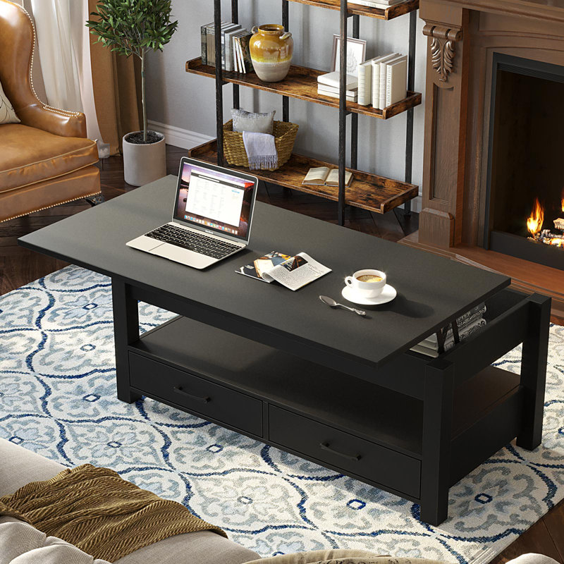 Eoghan Lift Top Coffee Table with 2 Drawers, Black, 18.9" H x 47.2" L x 23.6" W