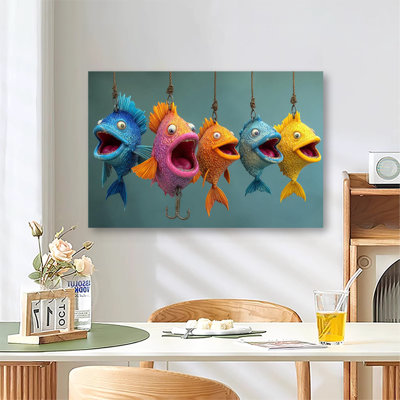 Large Gallery Wrapped Canvas Wall Art Print, Five Cartoon Colorful Fishes On Fish Hooks for Living Room & Bedroom