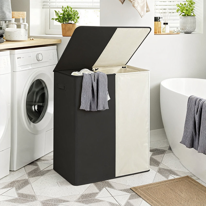 Large 154L Double Laundry Basket with Lid and Removable Bags, Collapsible 2-Section Hamper, (Black + Beige), Black/Beige