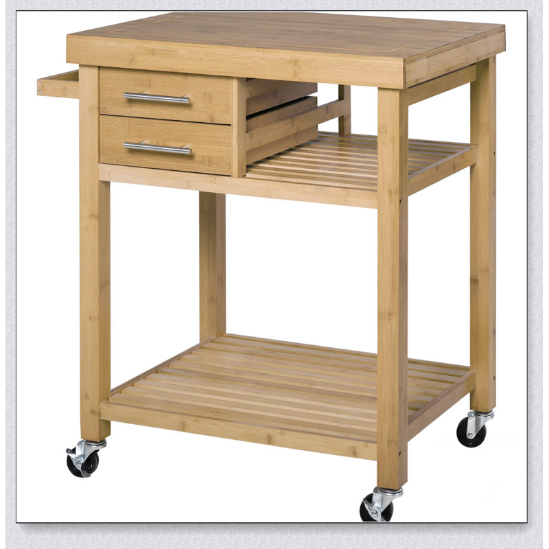 Bamboo Kitchen Island Cart on Wheels with Drawers and Shelves, Perfect for Storage and Mobility in Modern Kitchens.