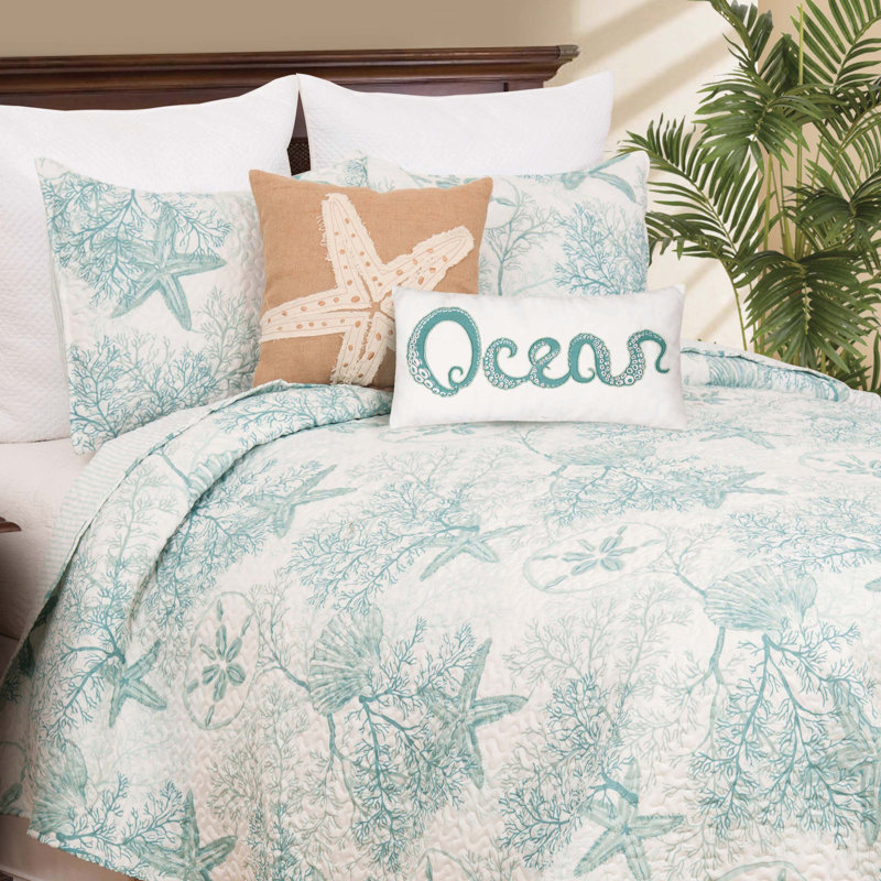 Ocean Treasures Aqua Blue/White Microfiber Reversible Quilt Set, King Quilt + 2 Shams