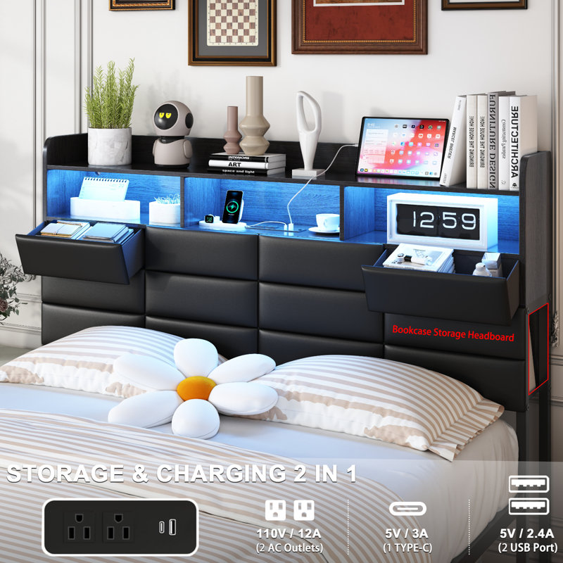 Queen Size Metal Platform Bed Frame with Faux Leather Upholstered Storage Headboard, LED Lights, USB Charging Station & Built‑in Bookshelf, Noise-Free, No Box Spring Needed