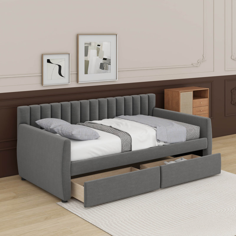 Lit de jour simple tapissier avec tiroirs, Gris