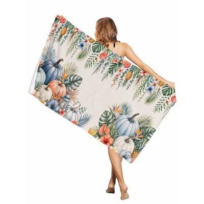 Thanksgiving Pumpkin Pineapple Flower Beach Towel Oversized Pool Towels,Quick Dry Absorbent Large Beach Blanket Soft Sand Free Bath Towel, 32 x 63 inAnd a canvas bag with the same printed beach towel will be given as a gift