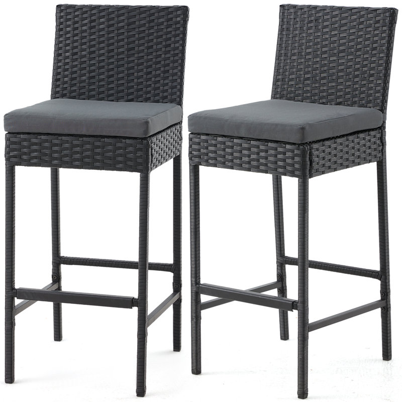 Wicker Outdoor 30" Bar Stool with Cushion (Set of 2）, Black, Dark Gray