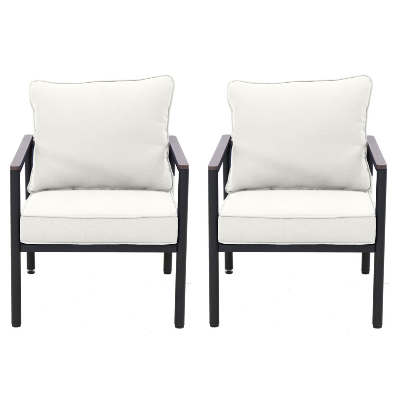 Outdoor Patio Metal Frame Wicker Backrest Wood Grain Armrest Dining Chair with Cushions (Set of 2), Beige