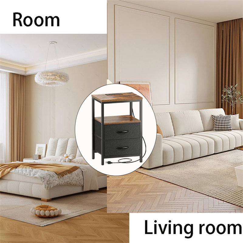 Charging Bedside Table With Drawers, Rustic Brown/Black