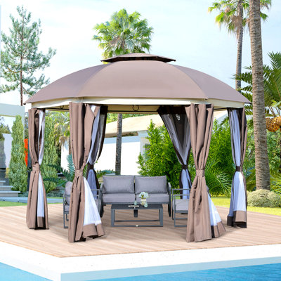 12' X Outdoor Gazebo - Double Roof Canopy, Brown. Steel. For Parties, Picnics, Gardens. With Mesh Netting & Privacy Curtains