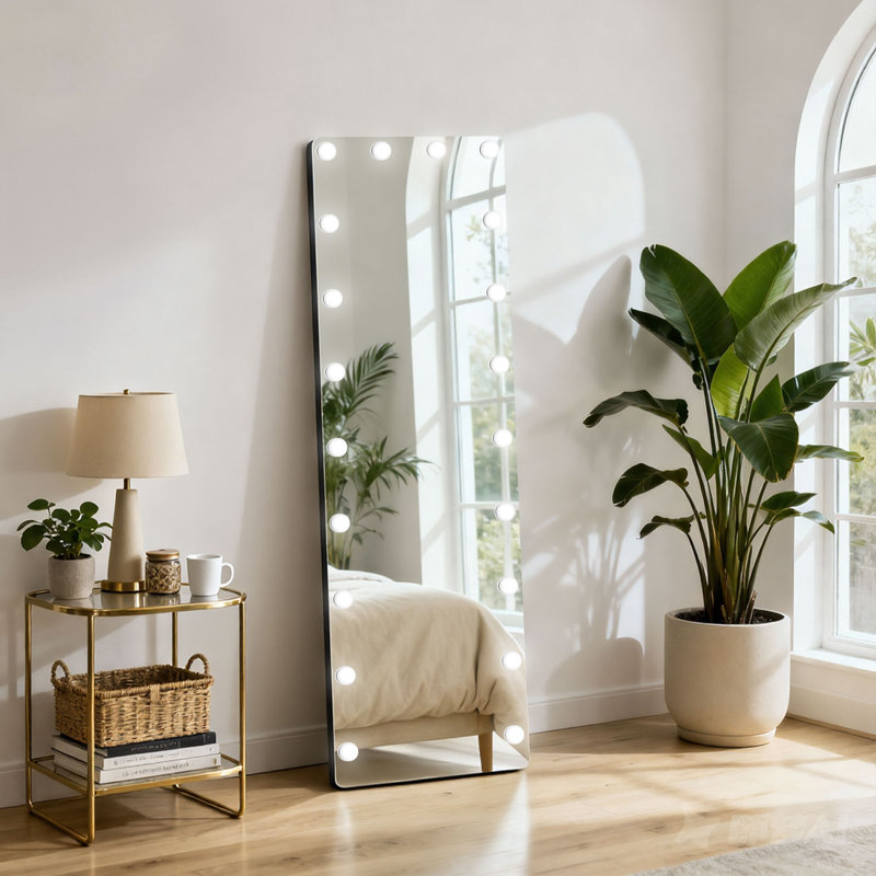 Hollywood Style Full Length LED Mirror – Tempered Glass, Exposed Bulb Front Light, 3 Color Modes, Includes Stand, 63"  x 20" 