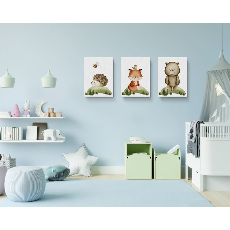 «Cute Hedgehog Bear Fox», ensemble de 3 reproductions sur toiles tendues, H 30 po x l 60 po x P 1,5 po