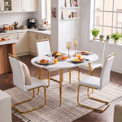Ensemble de salle à manger moderne extensible 3 pièces en bois, de forme ronde à ovale, avec chaises en similicuir