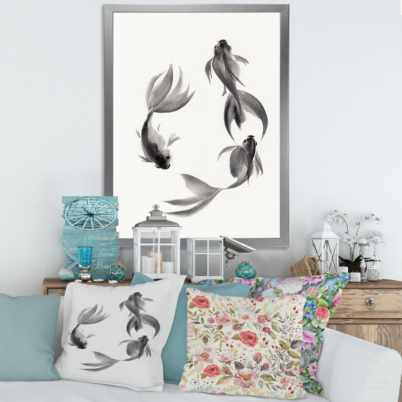 " Monochrome Vintage Fish III " Painting Print, 32" H x 24" W x 1.5" D, Silver Framed Canvas