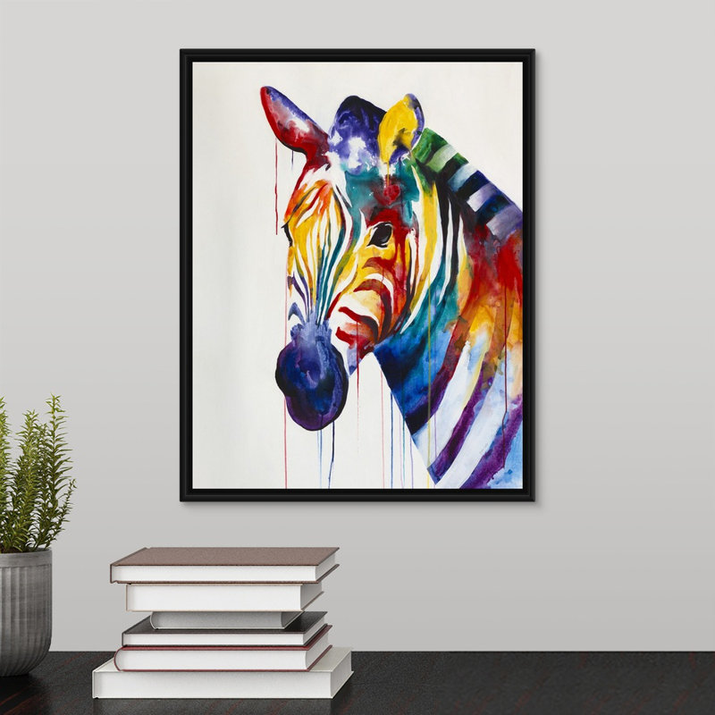 « zèbre call », peinture sur toile, H 15,7 po x l 12,7 po x p 1,75 po, Cadre flottant noir
