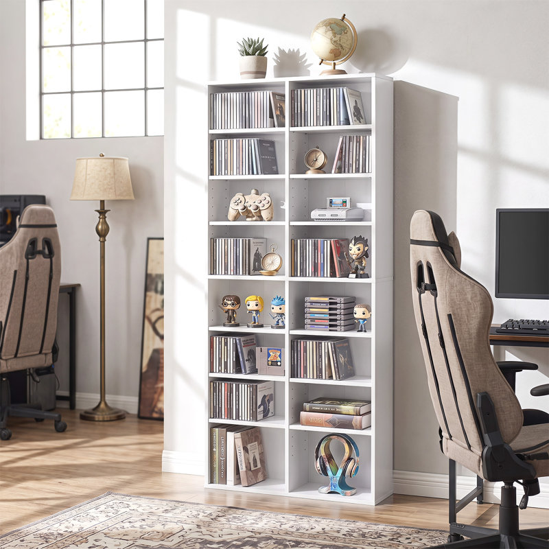 Lot de 2 tablettes de rangement pour CD à 16 compartiments avec 12 tablettes ajustables, blanc., Blanc