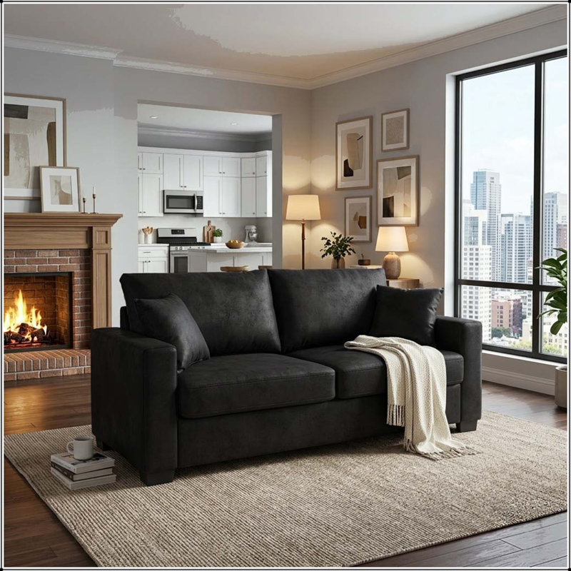 Canapé 69 po 2 places avec tissu en aluminium, coussins décoratifs et pieds en plastique, Polyester noir