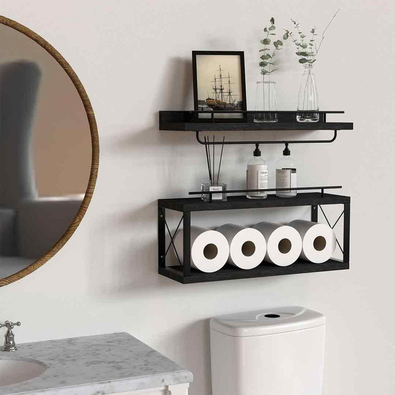 Gracie Oaks 3 Tier Floating Bathroom Shelves Over Toilet with Towel Bar ...