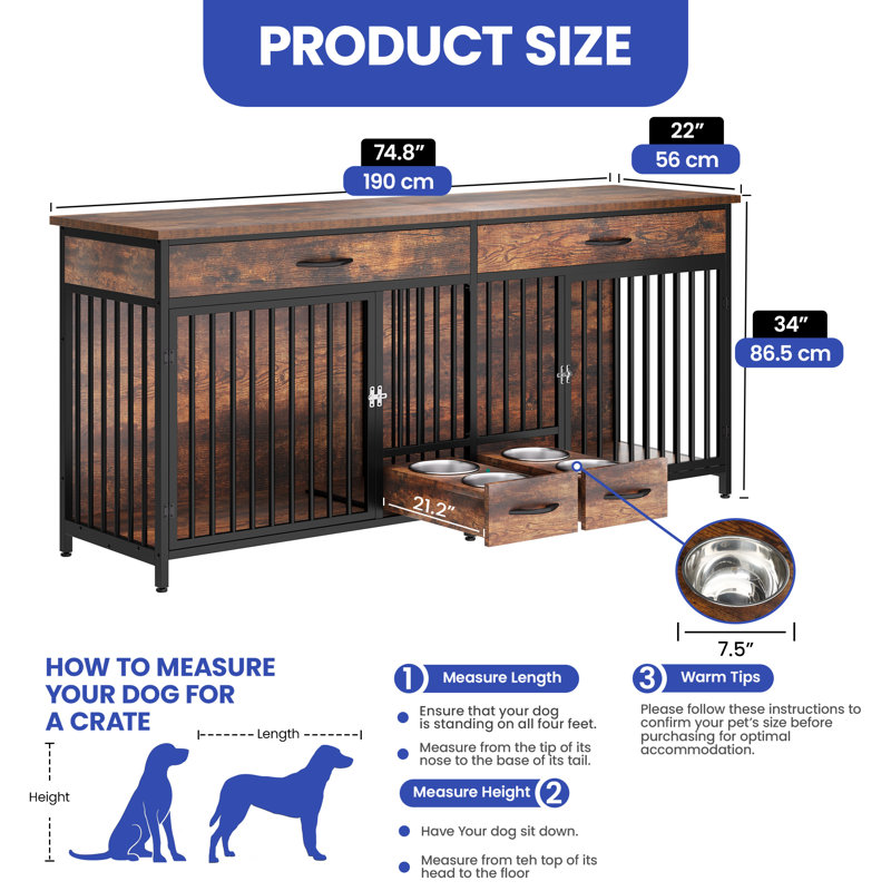 Wooden Double Dog Crate Furniture with Feeders, Brown, 34" H x 74.8" W x 22" D