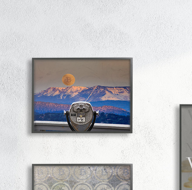 « bitcoin on the horizon », impression, H 16 po x l 20 po, Giclée encadrée noir minuit