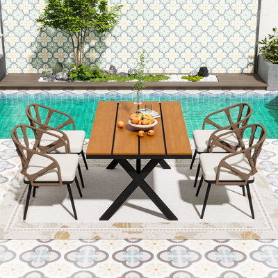 5-Piece Outdoor Dining Set with Weather-Resistant PE Rattan Chairs and Faux Wood Table