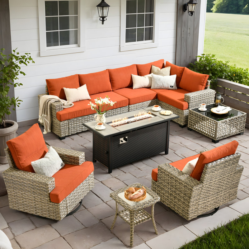 Canapé d'extérieur 10 pièces avec poêle et table basse, taille profonde et coussin épais, Orange