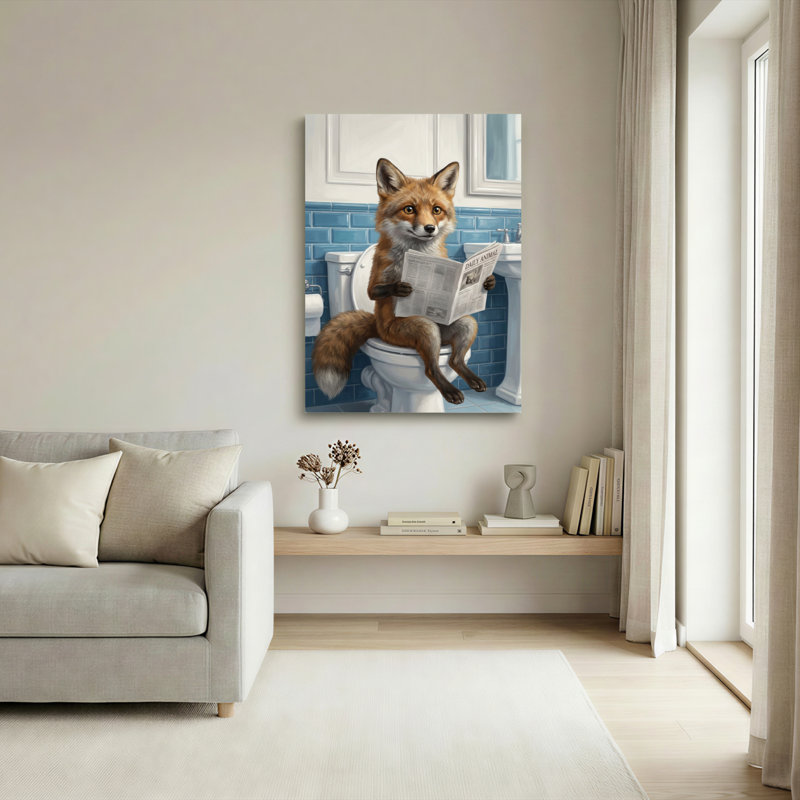 Ensemble de 1 tableau sur toile représentant un renard lisant le journal dans une salle de bain, H 18 po x l 12 po