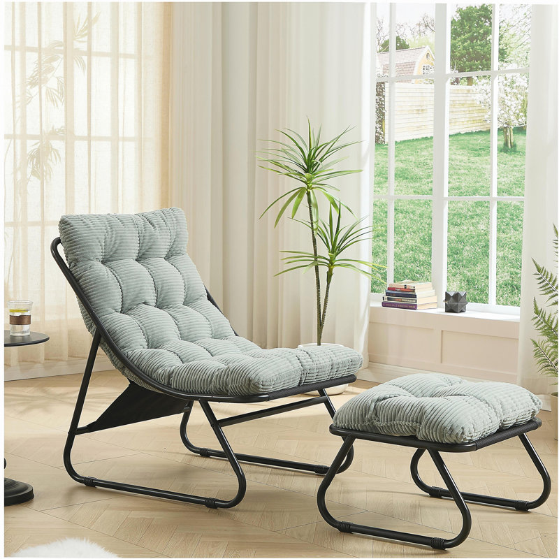 Patio Outdoor Lounge Chair with Ottoman, Comfy Sling Recliner Chair with Puffy Cushion and Foot Stool,  Ideal for Living Room, Bedroom, Reading Room, Black frame with light green Cushion