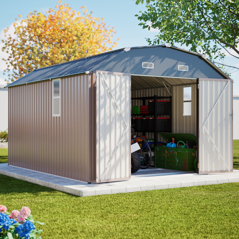 10' X 12' Metal Outdoor Storage Shed With Floor Frame Kit Tool Shed Heavy Duty, Gray