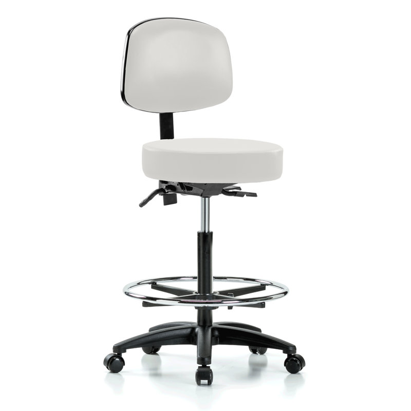 Gustav PERCH Walter Height Adjustable Doctor's Stool with Back and Foot Ring | High Bench Height 25-35", Adobe White Vinyl