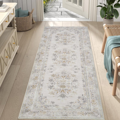 Vintage Floral Distressed Design Non-Slip Low-Pile Soft Thin Faux Wool Area Rug