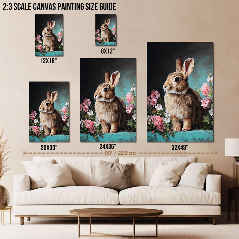  Art mural sur toile de lapin - Printemps et Pâques, décoration murale avec thème de lapin et de fleurs pour la décoration intérieure, reproduction sur toile tendue avec châssis, 24 po x 32 po