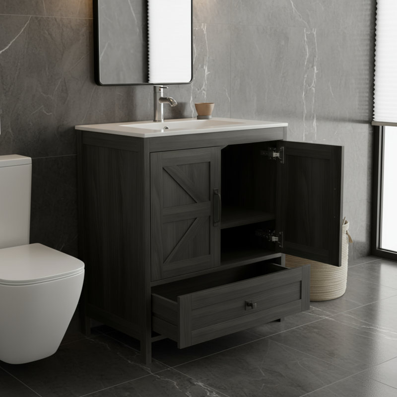 Meuble-lavabo de ferme gris de 30 pouces avec lavabo encastré en céramique et robinet, porte de grange et unité de rangement séparée.