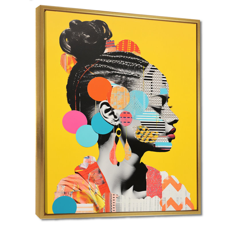 «Afro American», collage rétro coloré V - femme, art mural, Cadre flottant doré, H 40 po x l 30 po x P 1,5 po