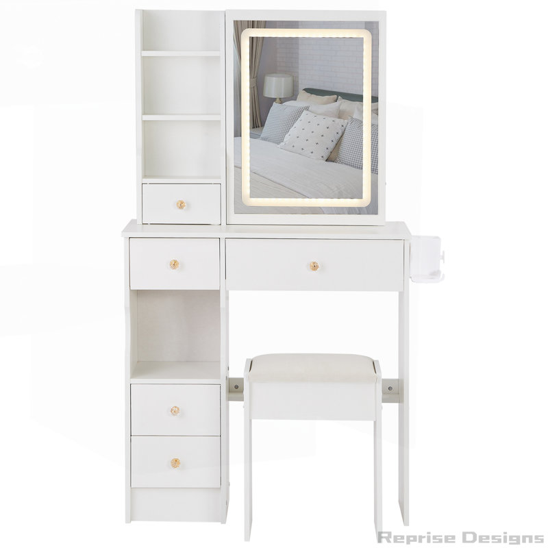 29.2" Small Size Left Drawer Desktop Vanity Table with Cushioned Stool and Power Station,Sliding LED Mirror, White