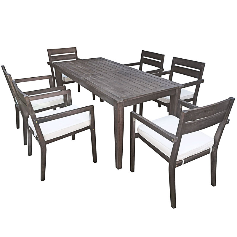 Ensemble repas d'extérieur en bois 7 pièces avec coussins 7 pièces, Gris