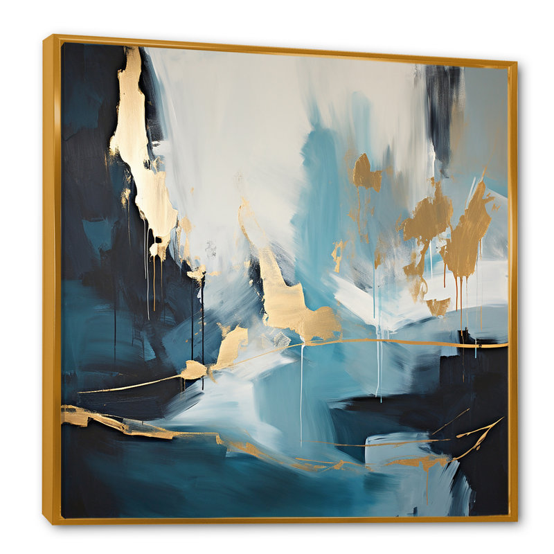 Or et bleu, expression abstraite 3 - Art mural abstrait, H 36 po x l 36 po x P 1,5 po, Cadre flottant doré