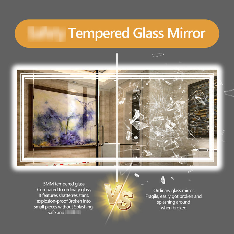 Miroir intelligent 60 po x 36 po pour salle de bain: luminosité réglable de 10% à 100%, 3 options de température de couleur, brouillard intégré et interrupteur d'alimentation, compatibilité avec interrupteur mural, Ul, longue durée trempé de 4 mm