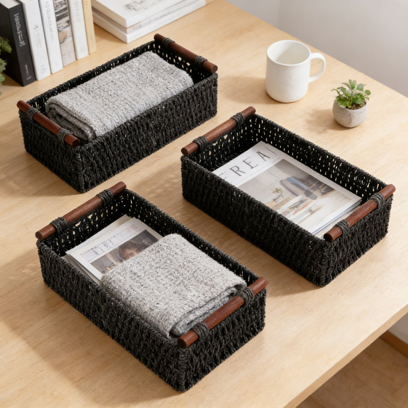 Handmade Woven Paper Rope Storage Baskets Set Of 3, Decorative Wicker Organizer With Wooden Handles For Bathroom, Living Room, And Bedroom
