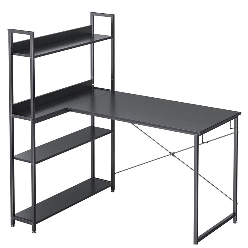 47 Inch Reversible L Shaped Desk with Bookshelf, Black