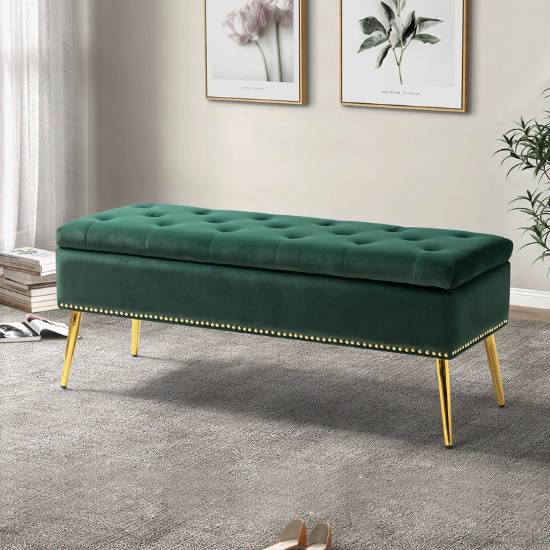 Banc de rangement rembourré en velours Kajana, Velours vert