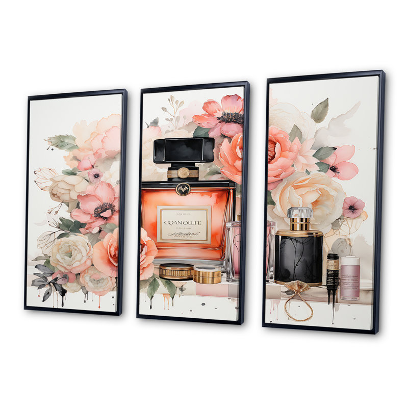 «Pink Fragrant Impressions Perfumes», art mural parfums, H 28 po x l 36 po, Cadre flottant noir