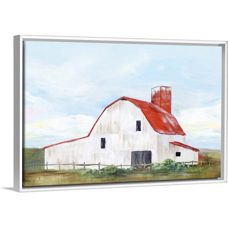 Reproduction d’art sur toile, "Red Barn II" par Isabelle Z, Cadre blanc, H 22 po x l 32 po x P 1,75po