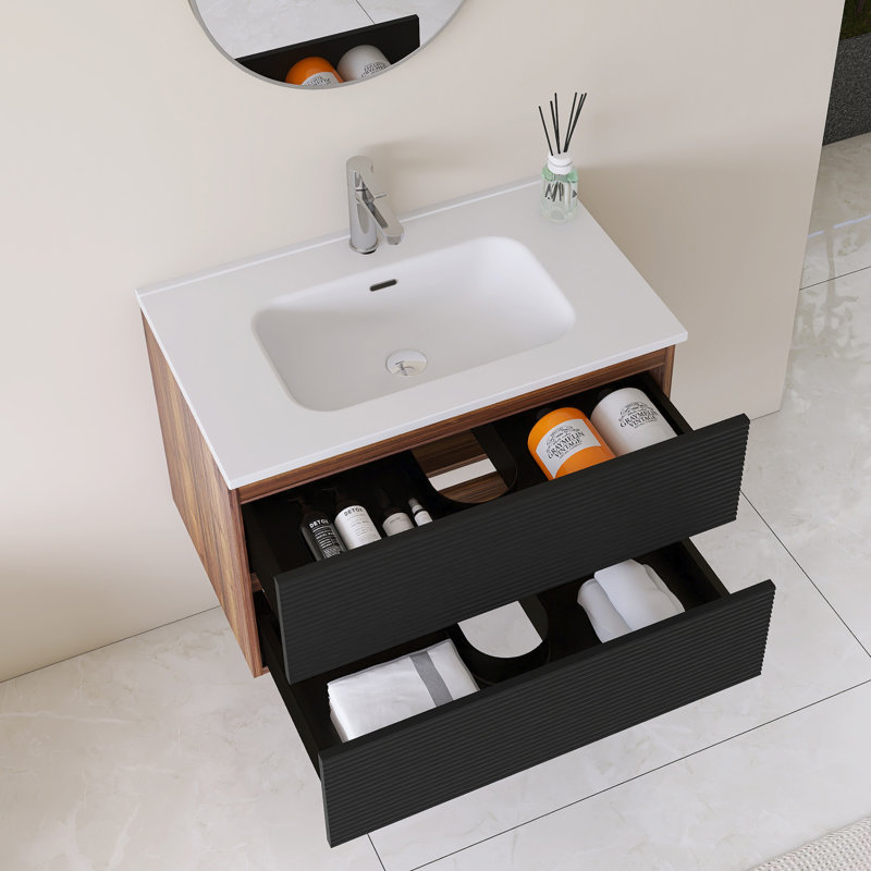Meuble-lavabo mural simple 30 po avec comptoir en céramique intégré blanc, Noir