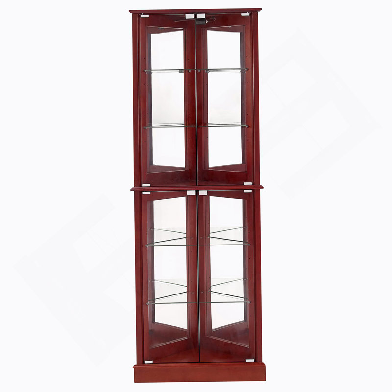 Corner Curio Dispaly Cabinet With Lights, Adjustable Tempered Glass Shelves, Mirrored Back,Cherry