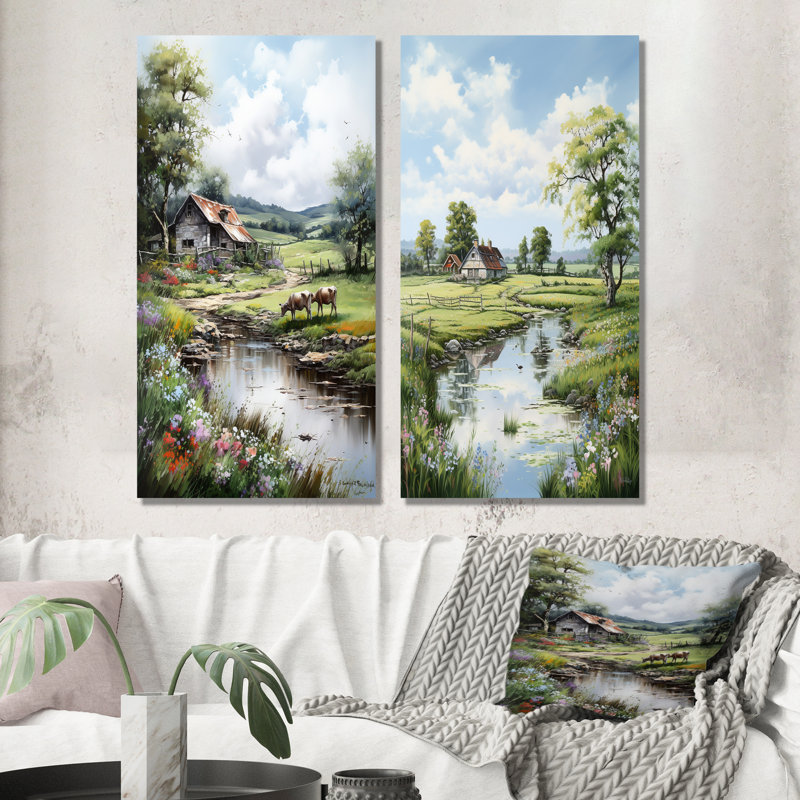 «Relaxing Farm Charm» - ensemble de 2 impressions sur toile campagne, H 28 po x l 25 po, Toile tendue