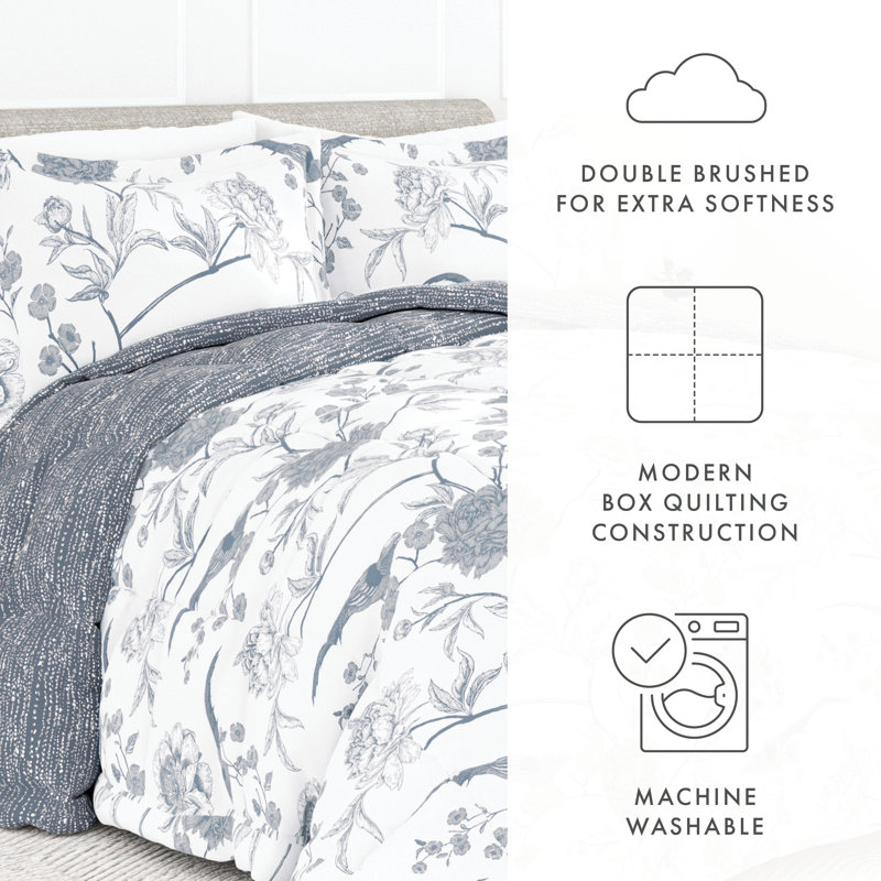 Light Blue Floral Down Alternative Reversible Comforter Set, Full