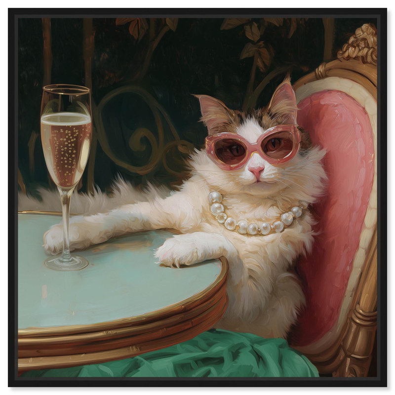 «Kitty Glam Drink», impression sur toile par Art Remedy, H 13 po x l 13 po, Structure noire
