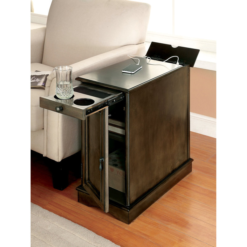 Transitional Grey Side Table With Pull-out Cup Holder, Built-in And Power Port, Storage Cabinet For Magazines, Solid Wood Veneer, 24 Inches In Depth Dock, Holder Cabinet, Height