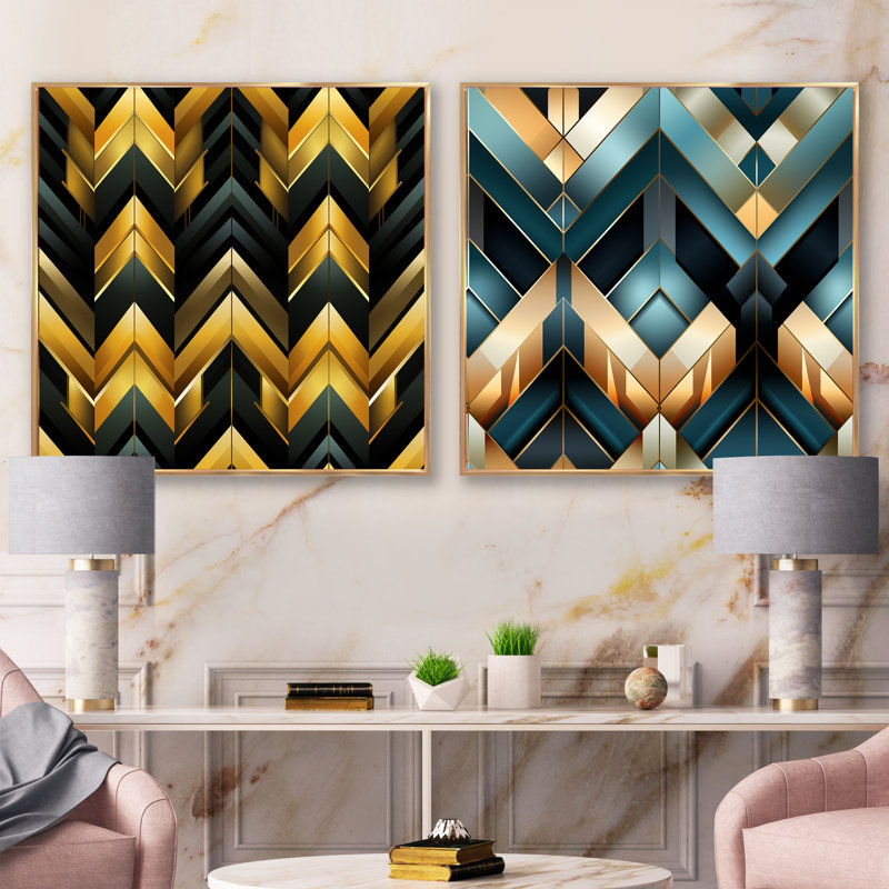 Ensemble de 2 collages carrés noirs et dorés à motif de chevrons glamour, Cadre flottant doré, H 36 po x l 73 po